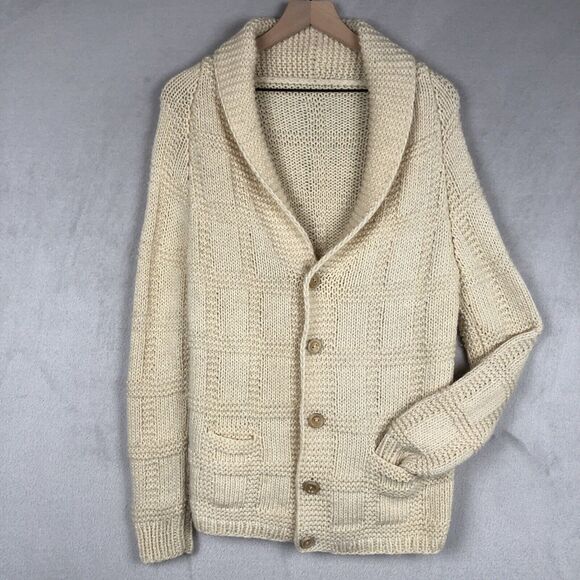 VTG Hand Knit Wool Fisherman’s Shawl Collar Cardigan Sz Small Cream Pockets - Picture 1 of 9